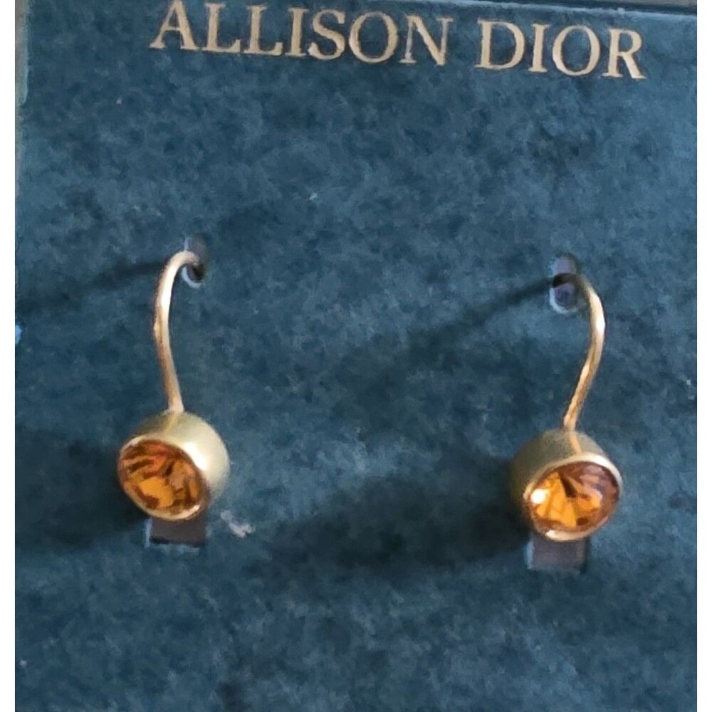Vintage Allison Dior Gold Tone Drop Earrings Amber Orange Crystal Stones